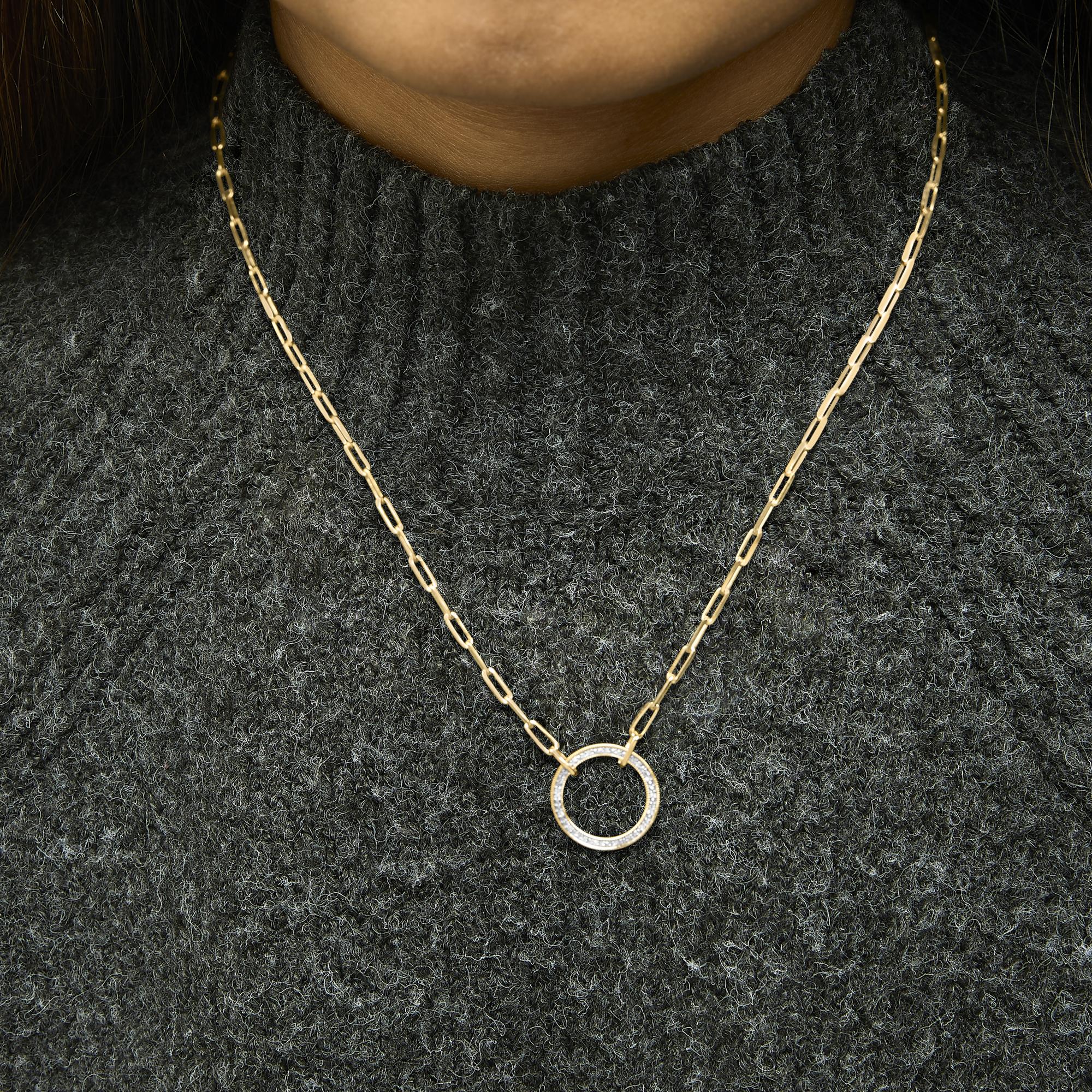 Gold Vermeil 1/10 Cttw Diamond Paperclip Chain Circle Pendant Necklace
