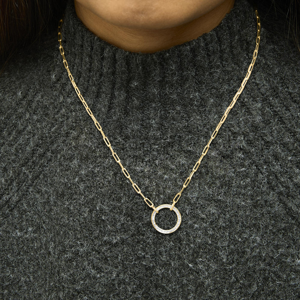 Gold Vermeil 1/10 Cttw Diamond Paperclip Chain Circle Pendant Necklace