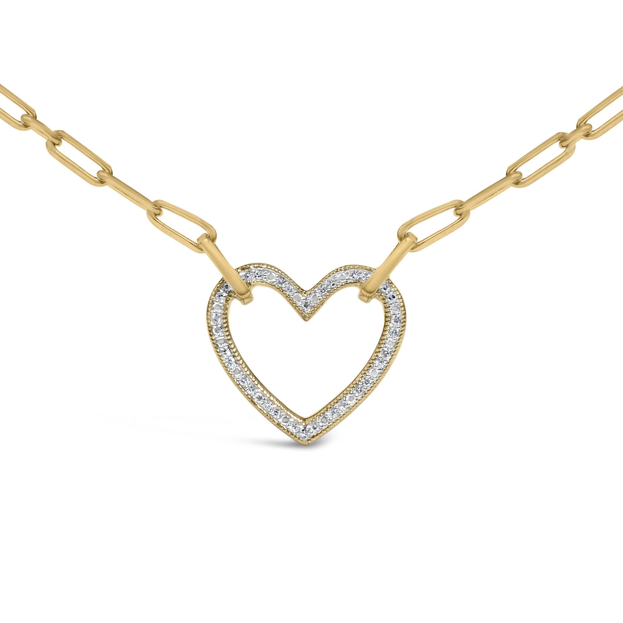 Gold Vermeil 1/10 Cttw Diamond Paperclip Chain Heart Pendant Necklace