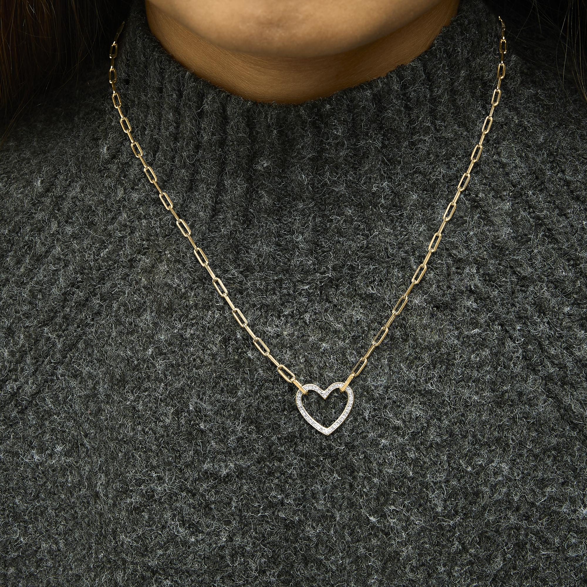 Gold Vermeil 1/10 Cttw Diamond Paperclip Chain Heart Pendant Necklace