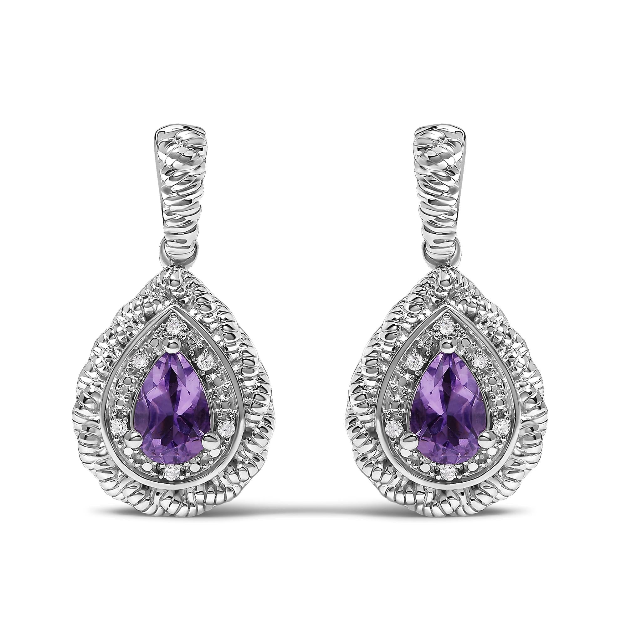 Sterling Silver Pear Cut Amethyst and Diamond Accent Teardrop Drop Earrings
