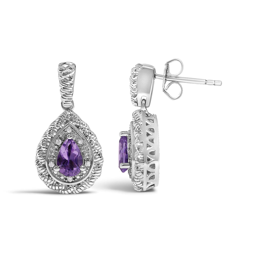 Sterling Silver Pear Cut Amethyst and Diamond Accent Teardrop Drop Earrings