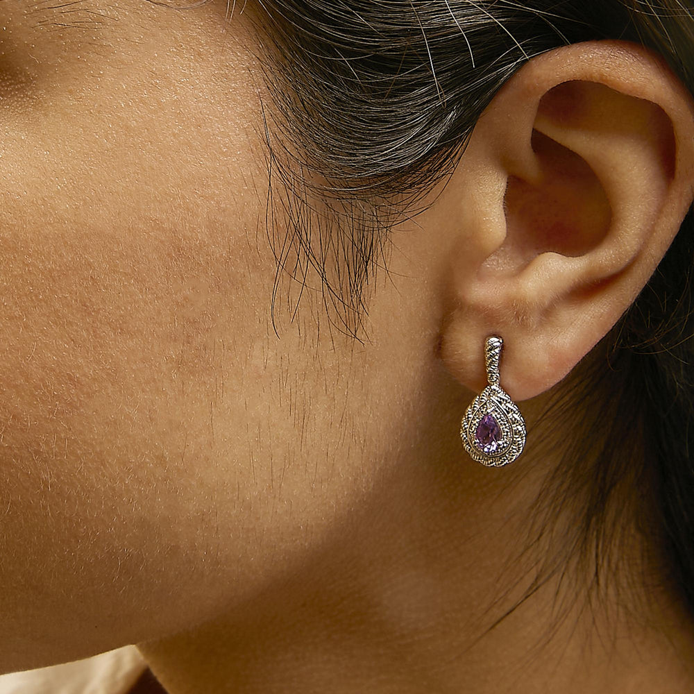 Sterling Silver Pear Cut Amethyst and Diamond Accent Teardrop Drop Earrings