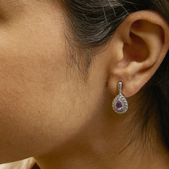 Sterling Silver Pear Cut Amethyst and Diamond Accent Teardrop Drop Earrings