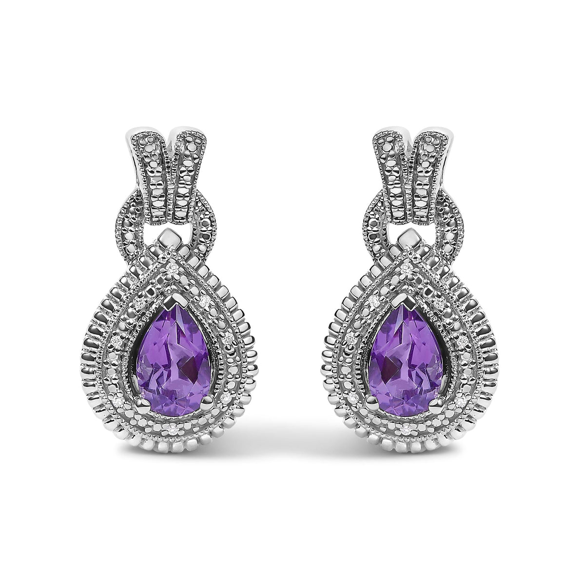 Sterling Silver Pear Cut Amethyst and Diamond Accent Teardrop Stud Earrings