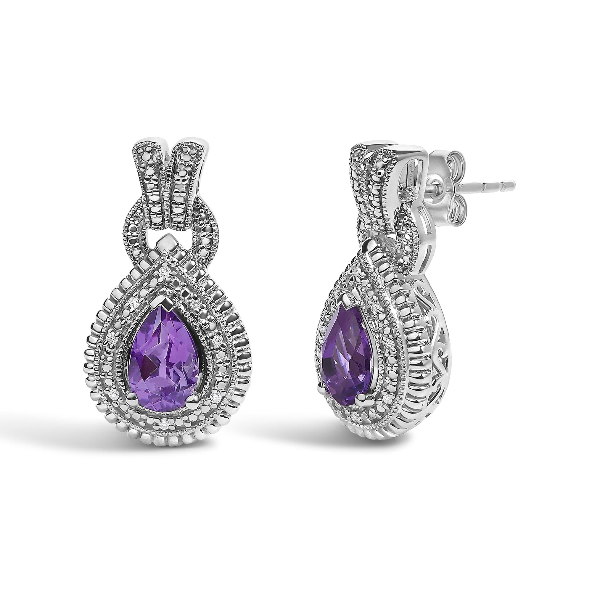 Sterling Silver Pear Cut Amethyst and Diamond Accent Teardrop Stud Earrings