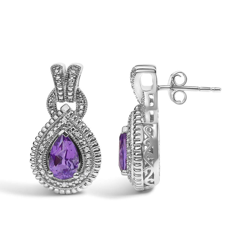 Sterling Silver Pear Cut Amethyst and Diamond Accent Teardrop Stud Earrings