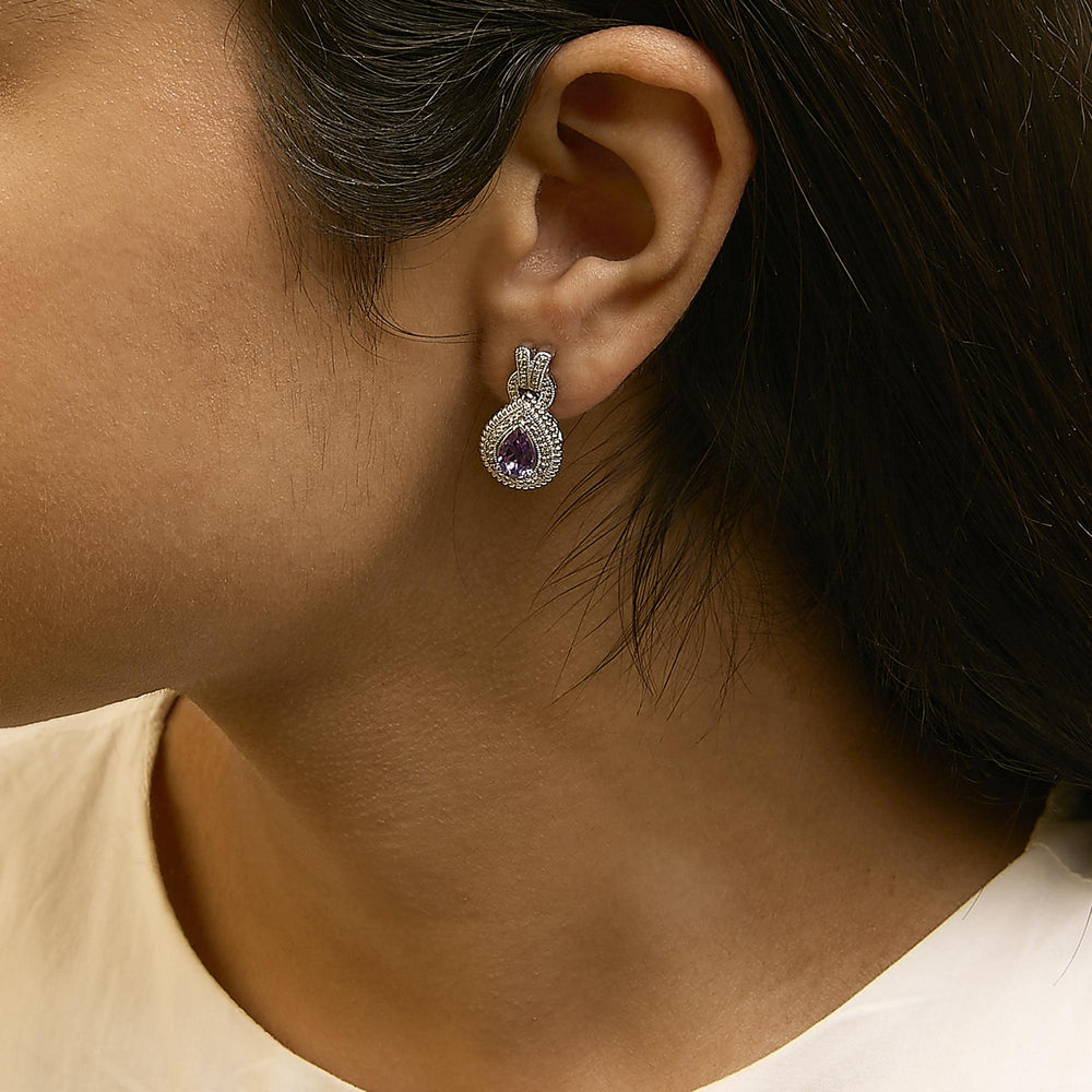 Sterling Silver Pear Cut Amethyst and Diamond Accent Teardrop Stud Earrings