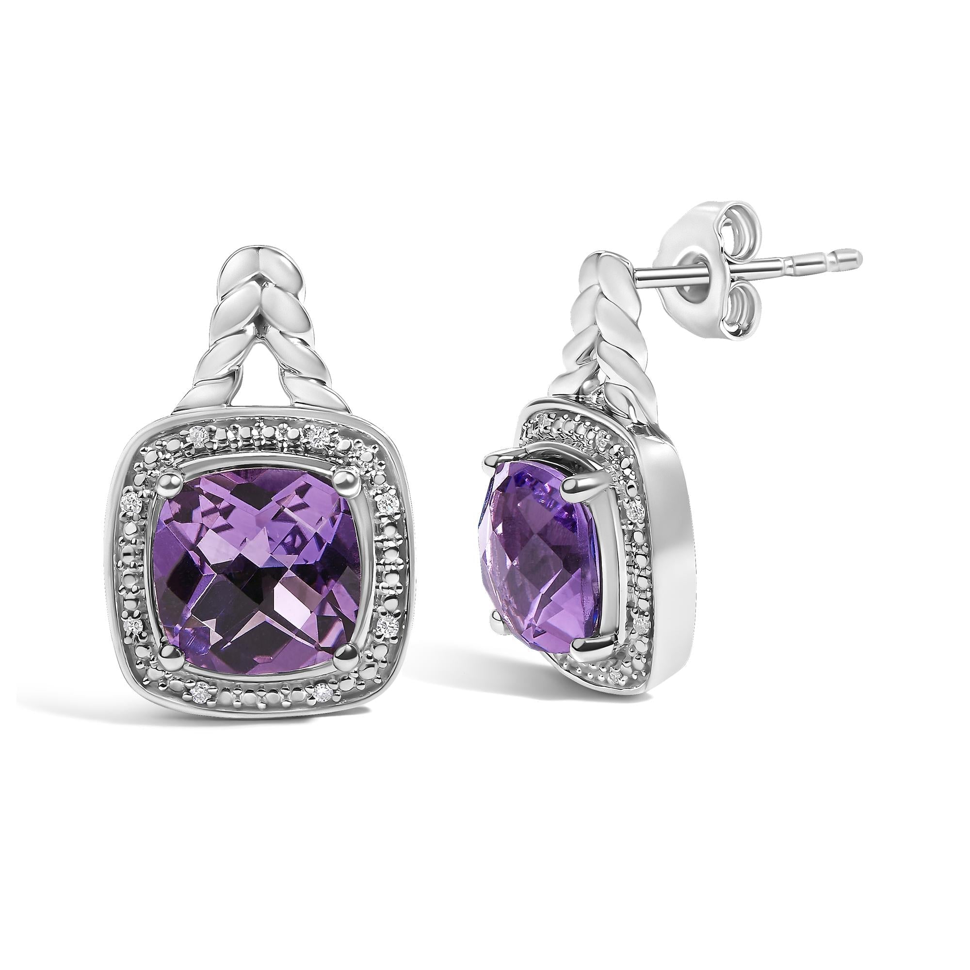 Sterling Silver Cushion Cut Amethyst and Diamond Accent Halo Drop Earrings