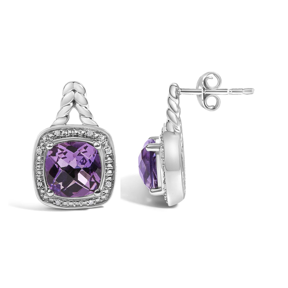 Sterling Silver Cushion Cut Amethyst and Diamond Accent Halo Drop Earrings