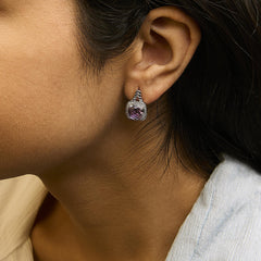 Sterling Silver Cushion Cut Amethyst and Diamond Accent Halo Drop Earrings