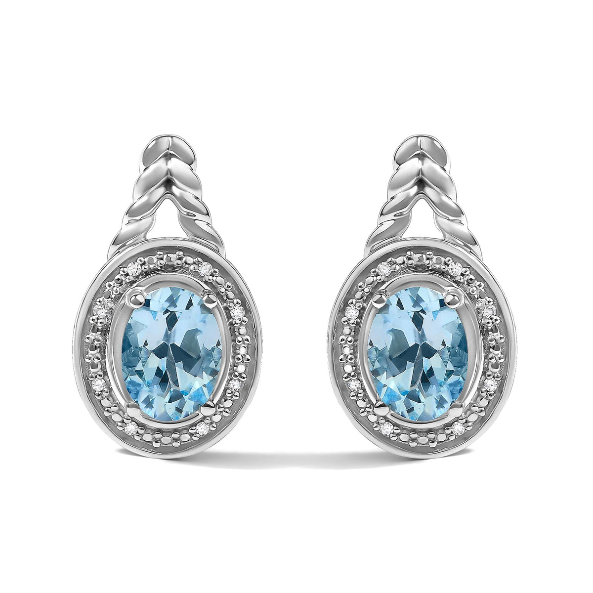 Sterling Silver Oval Blue Topaz and Diamond Accent Twist and Halo Drop Earrings