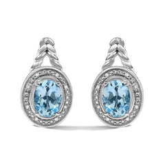 Sterling Silver Oval Blue Topaz and Diamond Accent Twist and Halo Drop Earrings