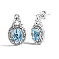 Sterling Silver Oval Blue Topaz and Diamond Accent Twist and Halo Drop Earrings