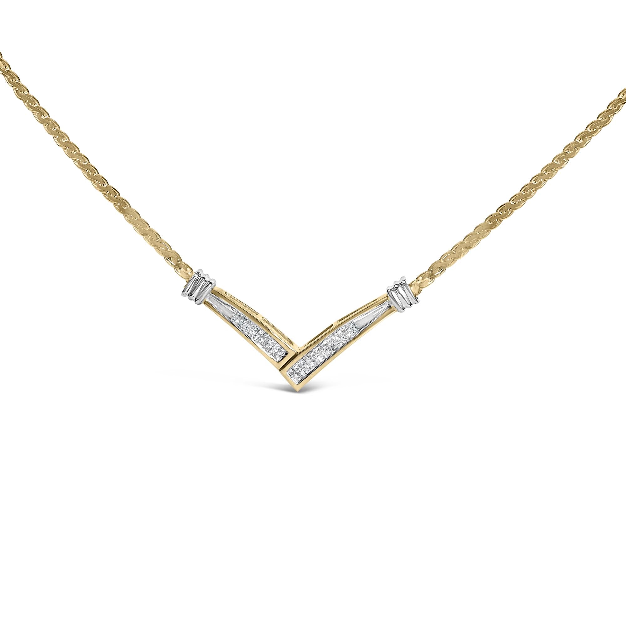 10K Yellow and White Gold 1/2 Cttw Princess Cut Diamond Channel-Set “V” Shape 18" Franco Chain Necklace (H-I Color, SI2-I1 Clarity)