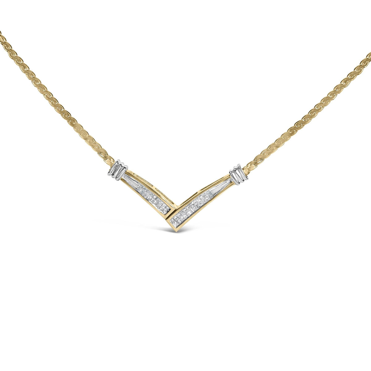 10K Yellow and White Gold 1/2 Cttw Princess Cut Diamond Channel-Set “V” Shape 18" Franco Chain Necklace (H-I Color, SI2-I1 Clarity)
