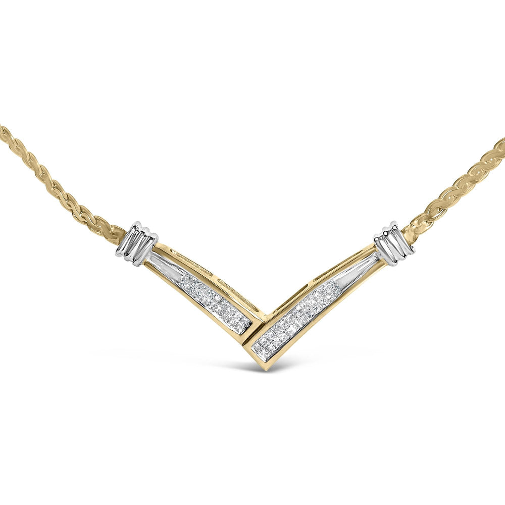 10K Yellow and White Gold 1/2 Cttw Princess Cut Diamond Channel-Set “V” Shape 18" Franco Chain Necklace (H-I Color, SI2-I1 Clarity)