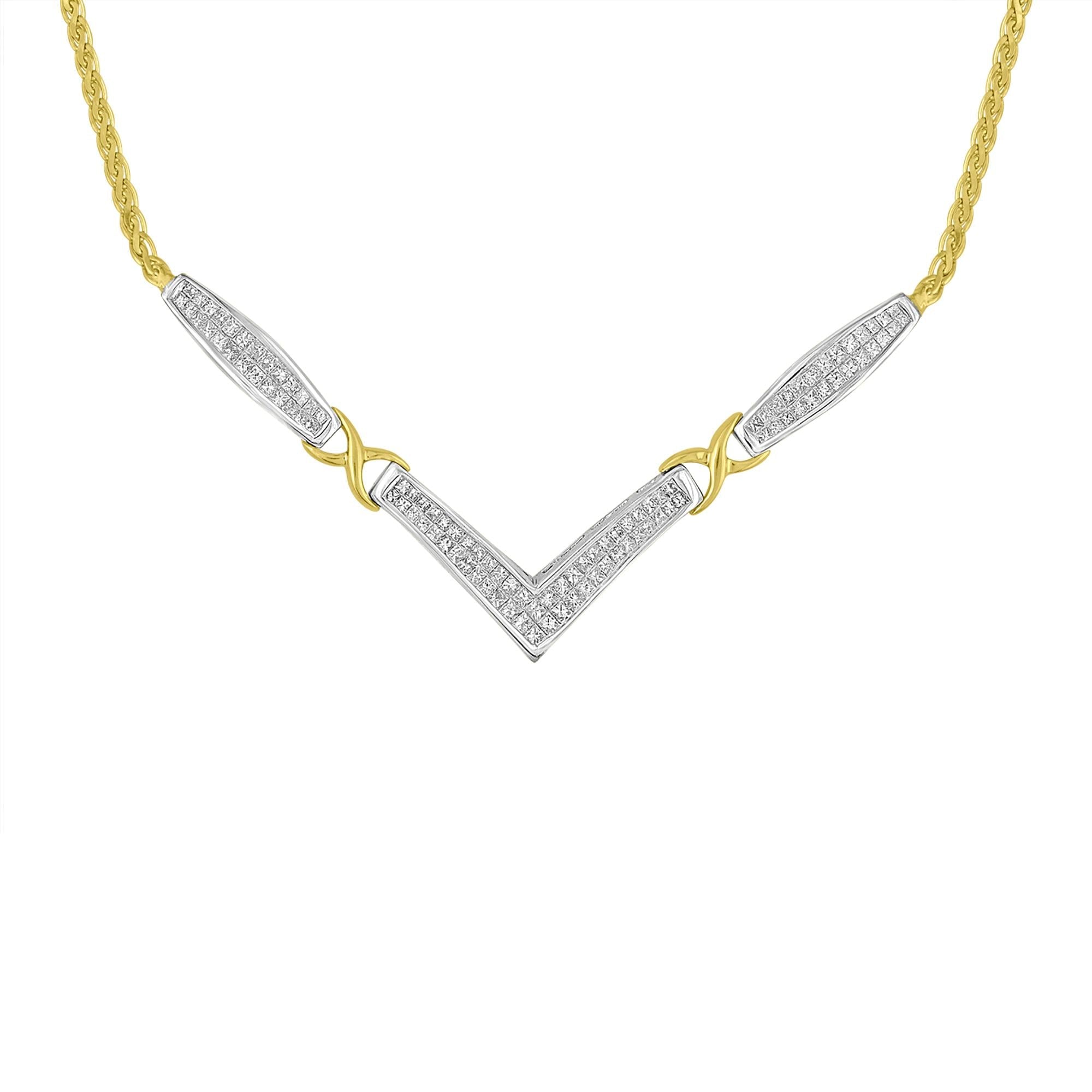 14K Yellow and White Gold 2.0 Cttw Princess Cut Diamond Flared and X-Station V Shaped 18” Franco Chain Statement Necklace (H-I Color, SI2-I1 Clarity)
