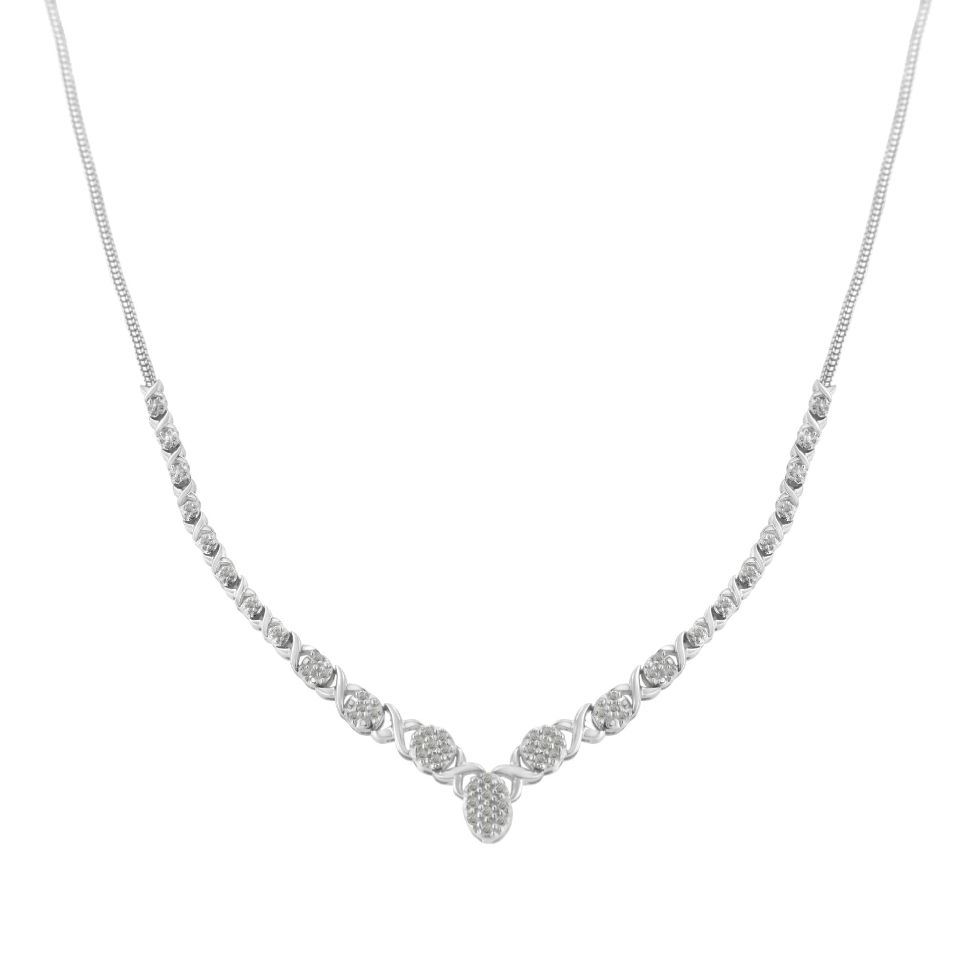 .925 Sterling Silver 1/2 cttw Prong Set Round Diamond Graduated Cluster 18" Statement Necklace (I-J Color, I3 Clarity)