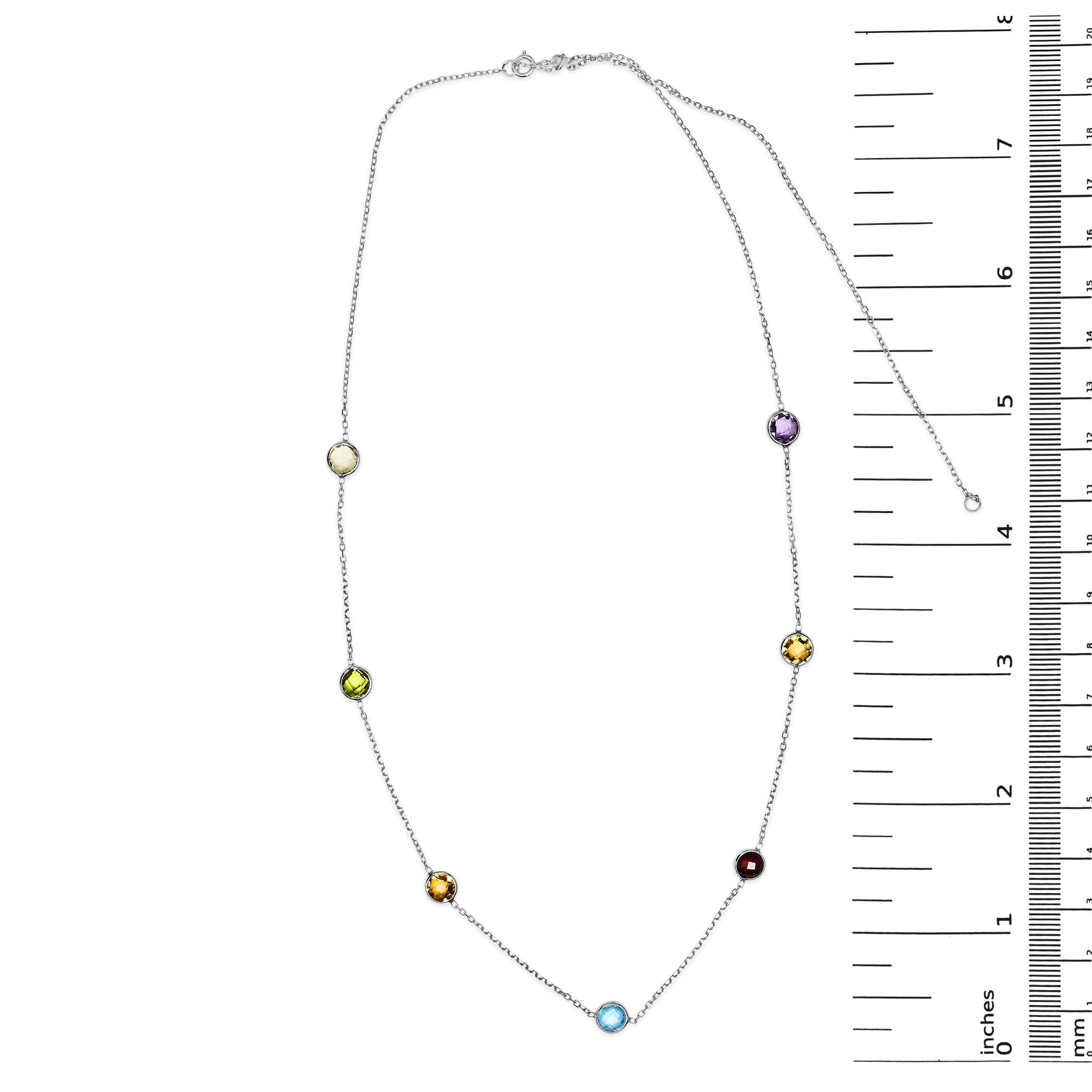 14K White Gold Bezel Set Mixed Gemstone 7 Station Adjustable 18"-24" Necklace