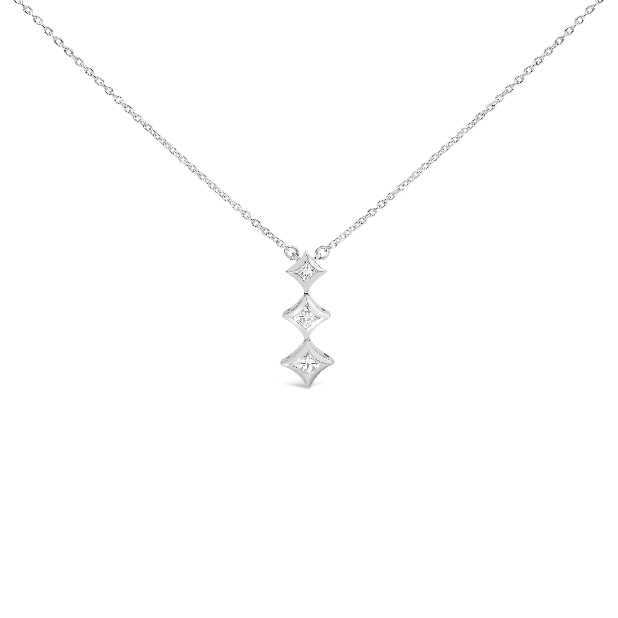 10K Gold 1/5 Cttw Princess Cut Diamond 3 Stone Drop 18" Pendant Necklace (H-I Color, SI2-I1 Clarity)