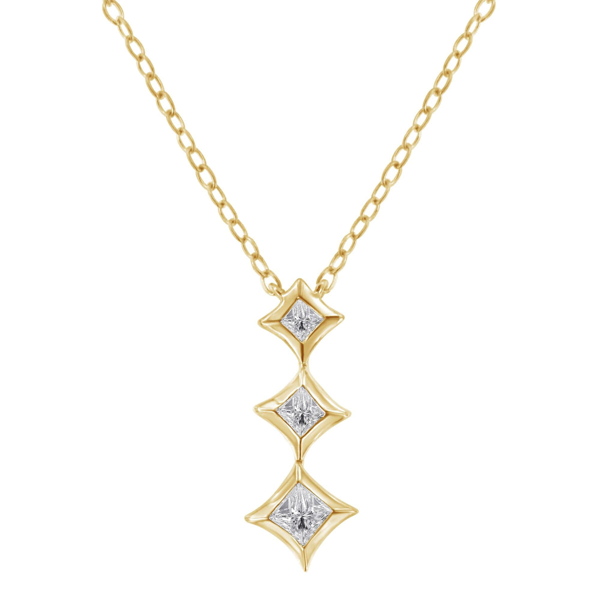 10K Gold 1/5 Cttw Princess Cut Diamond 3 Stone Drop 18" Pendant Necklace (H-I Color, SI2-I1 Clarity)