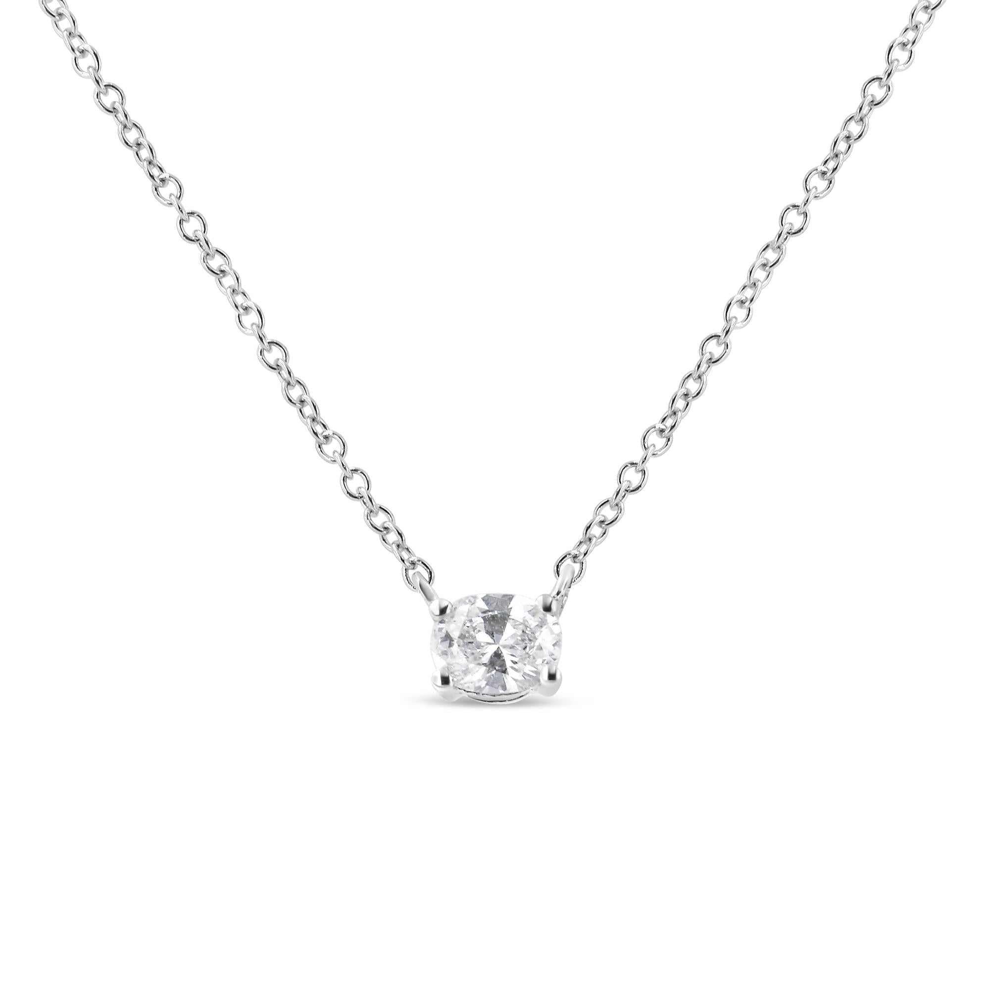 14K White Gold 1/5 Cttw Oval Shape Solitaire Diamond East West 18" Pendant Necklace (G-H Color, VS2-SI1Clarity)