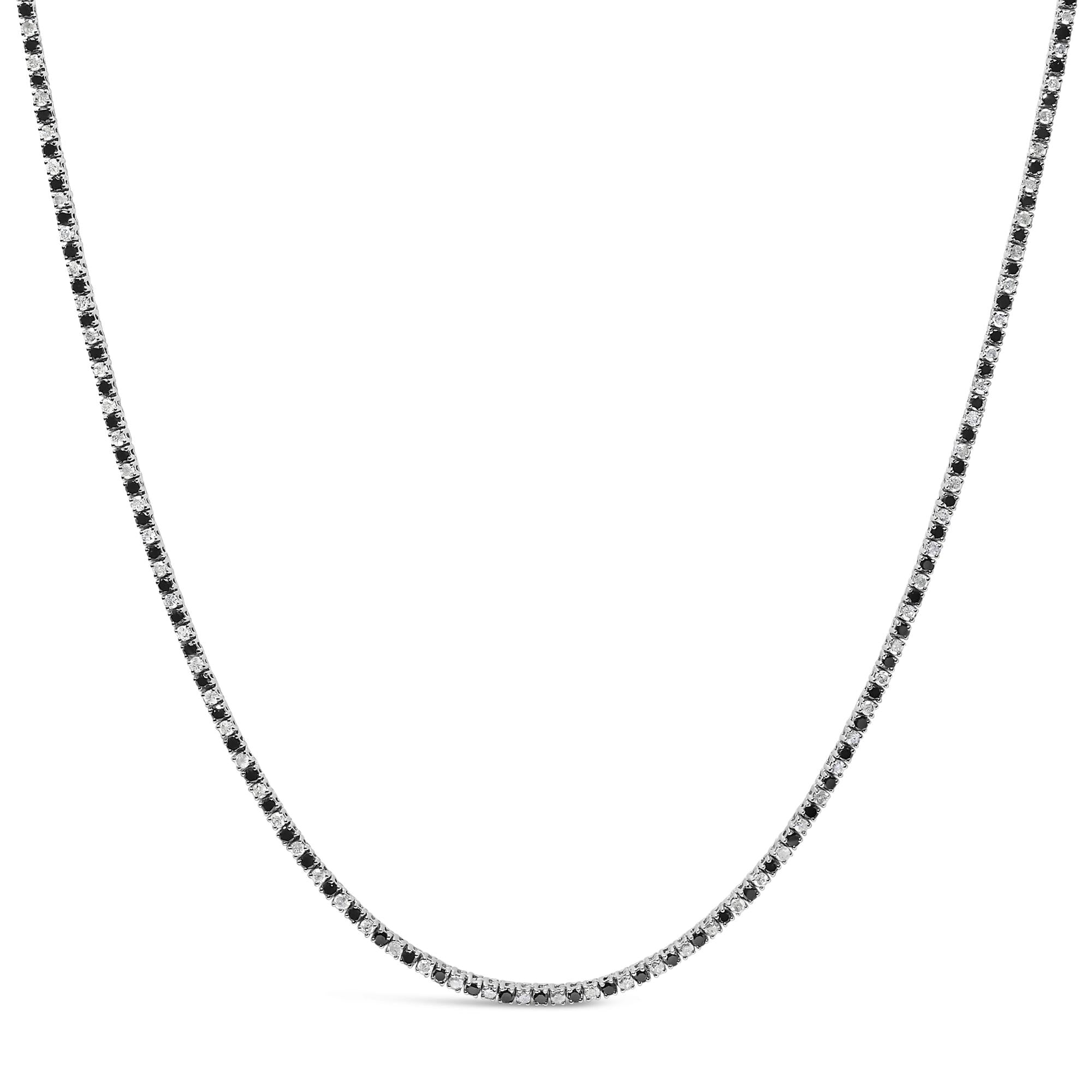 .925 Sterling Silver 7.0 Carat Alternating White and Black Diamond Tennis Necklace (Black/I-J Color, I2-I3 Clarity) - 16- 18" Inches