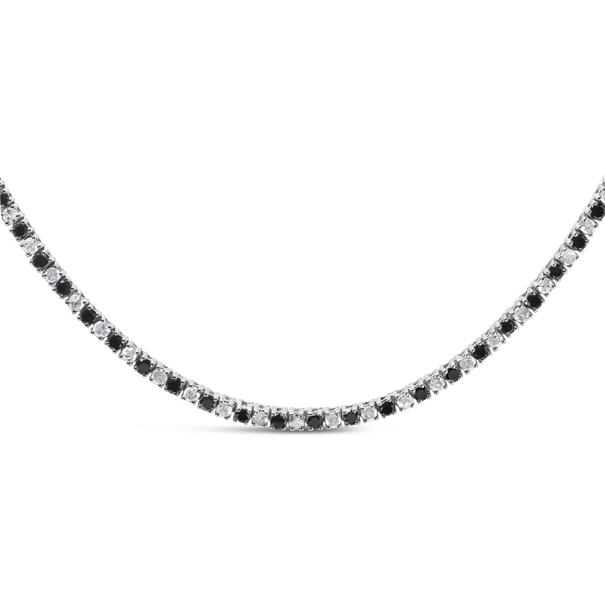 .925 Sterling Silver 7.0 Carat Alternating White and Black Diamond Tennis Necklace (Black/I-J Color, I2-I3 Clarity) - 16- 18" Inches