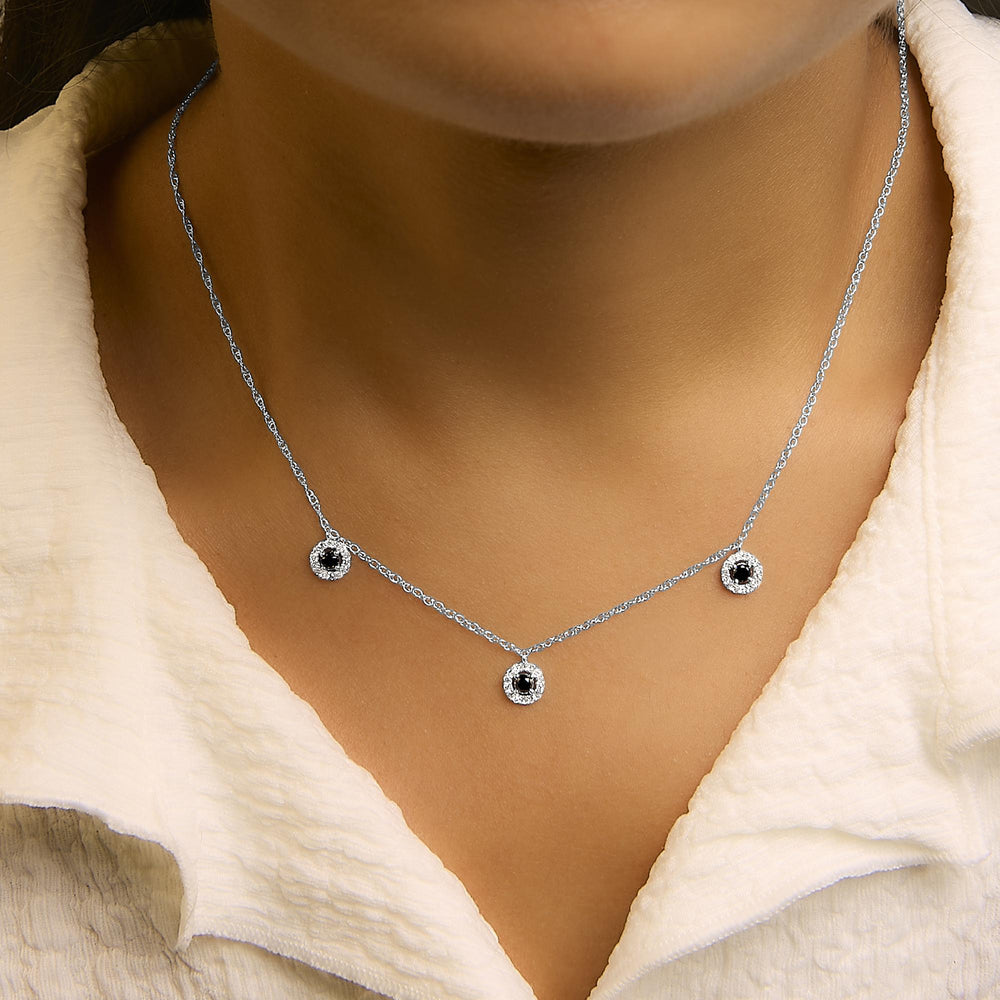 .925 Sterling Silver 5/8 Cttw Black Diamond 3 Station with Halo Necklace