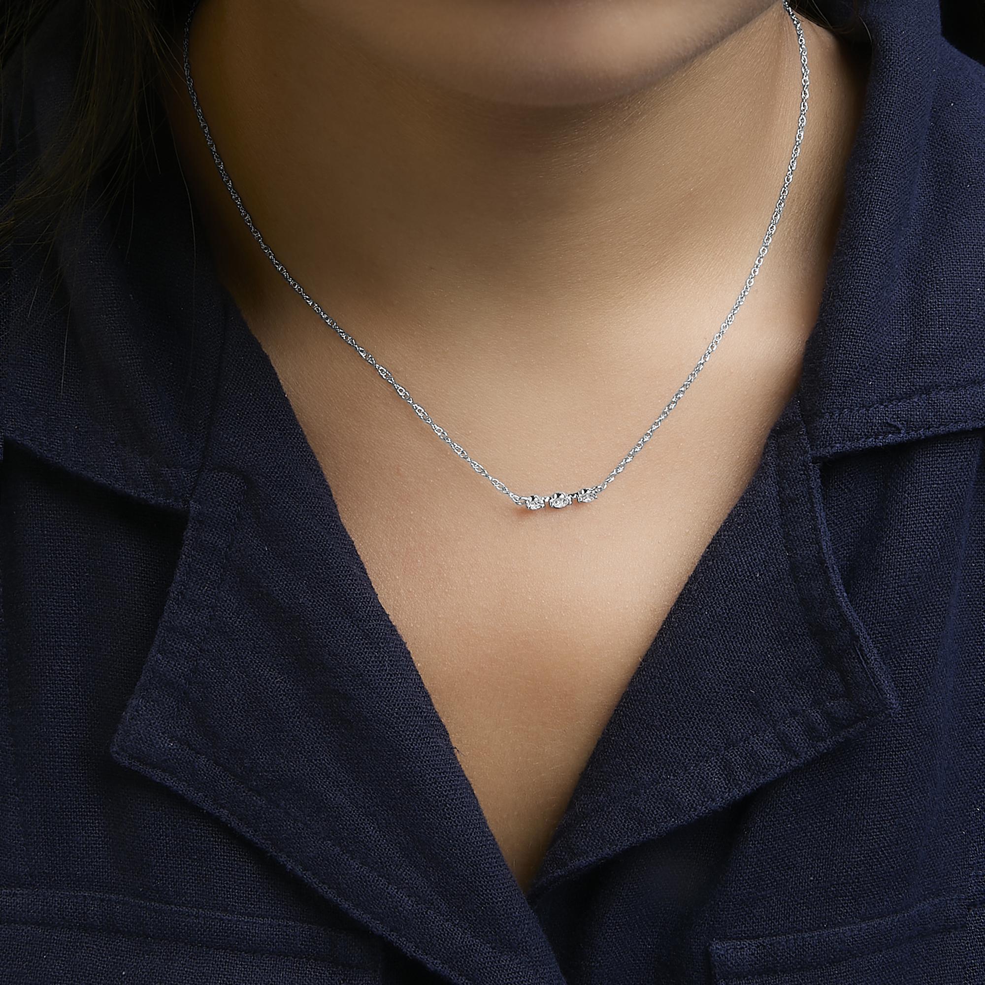 Sterling Silver 1/5 Cttw Lab Grown Diamond 3 Stone Station Necklace
