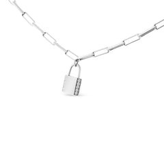 .925 Sterling Silver 1/10 Cttw Round Diamond Lock Pendant Paperclip Chin Necklace (H-I Color, SI1-SI2 Clarity)