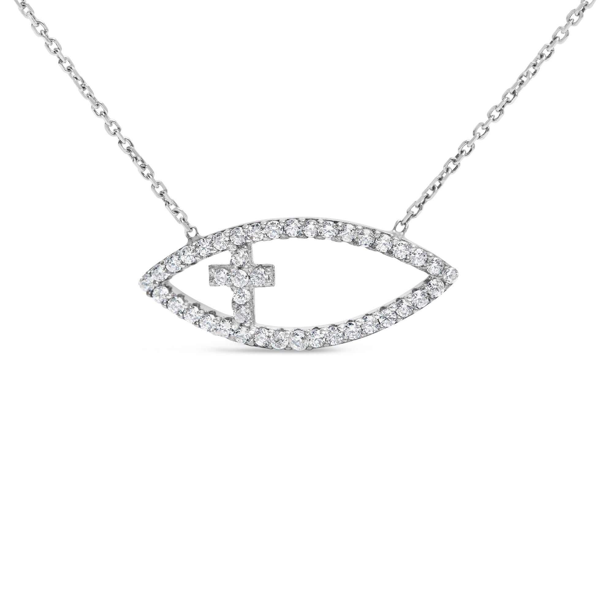 .925 Sterling Silver 1/2 Cttw Diamond Cross and Evil Eye 18" Inch Pendant Necklace (H-I Color, SI1-SI2 Clarity)