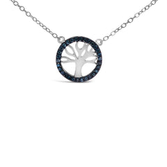 .925 Sterling Silver 1/6 Cttw Blue Diamond Tree of Life and Circle 18" Pendant Necklace (Blue Color, SI1-SI2 Clarity)