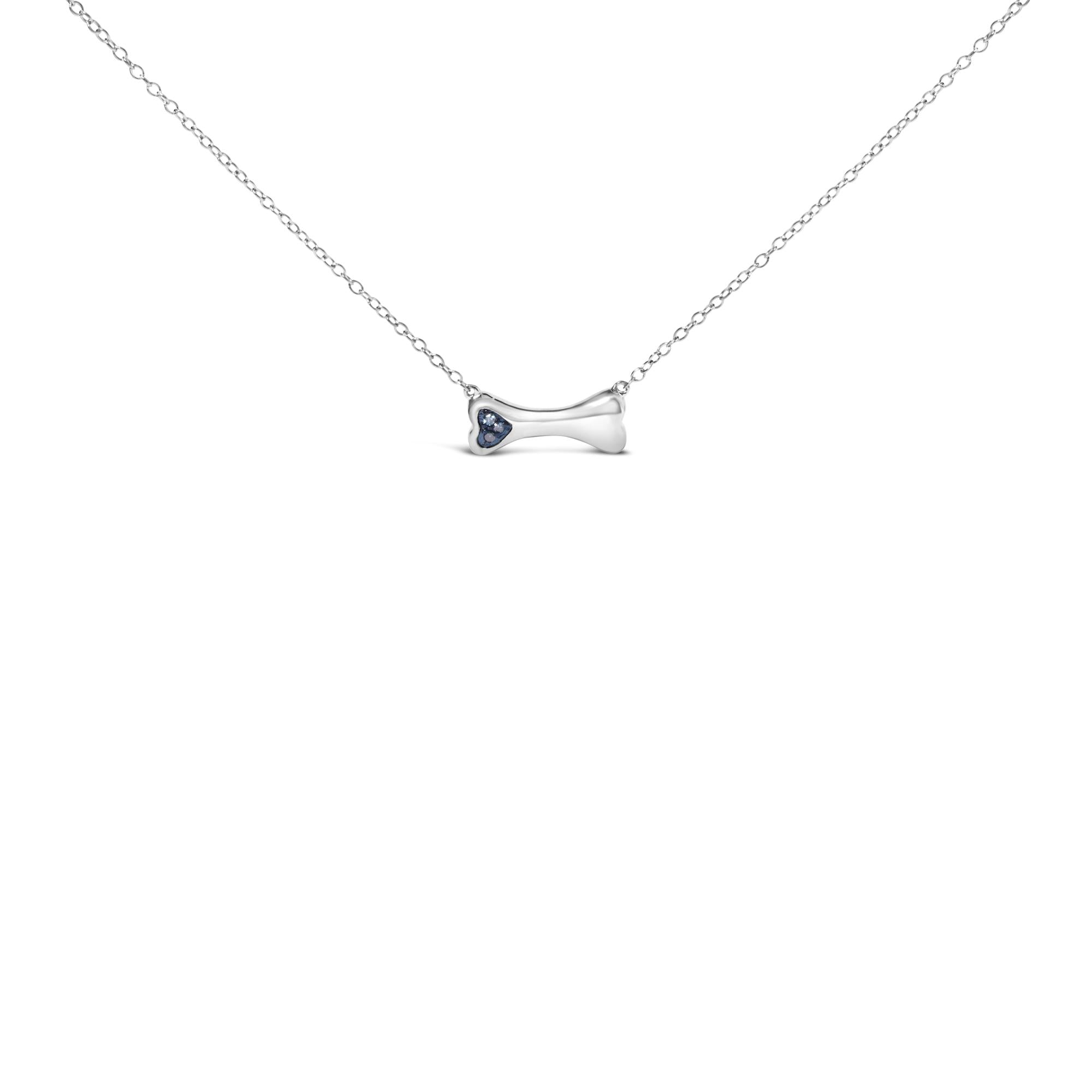 .925 Sterling Silver Treated Blue Diamond Accent Dog Bone Charm 18" Pendant Necklace (Blue Color, I2-I3 Clarity)