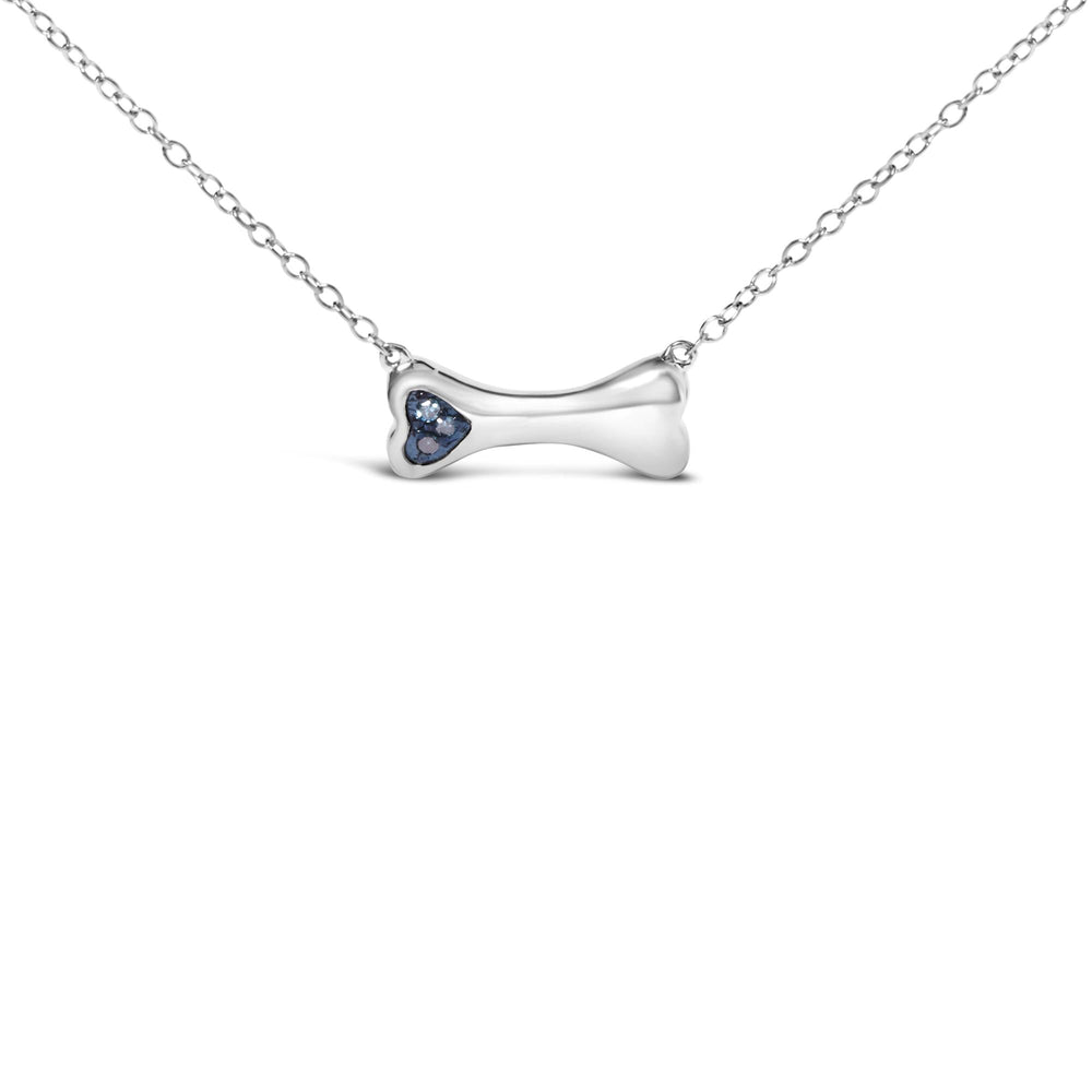 .925 Sterling Silver Treated Blue Diamond Accent Dog Bone Charm 18" Pendant Necklace (Blue Color, I2-I3 Clarity)