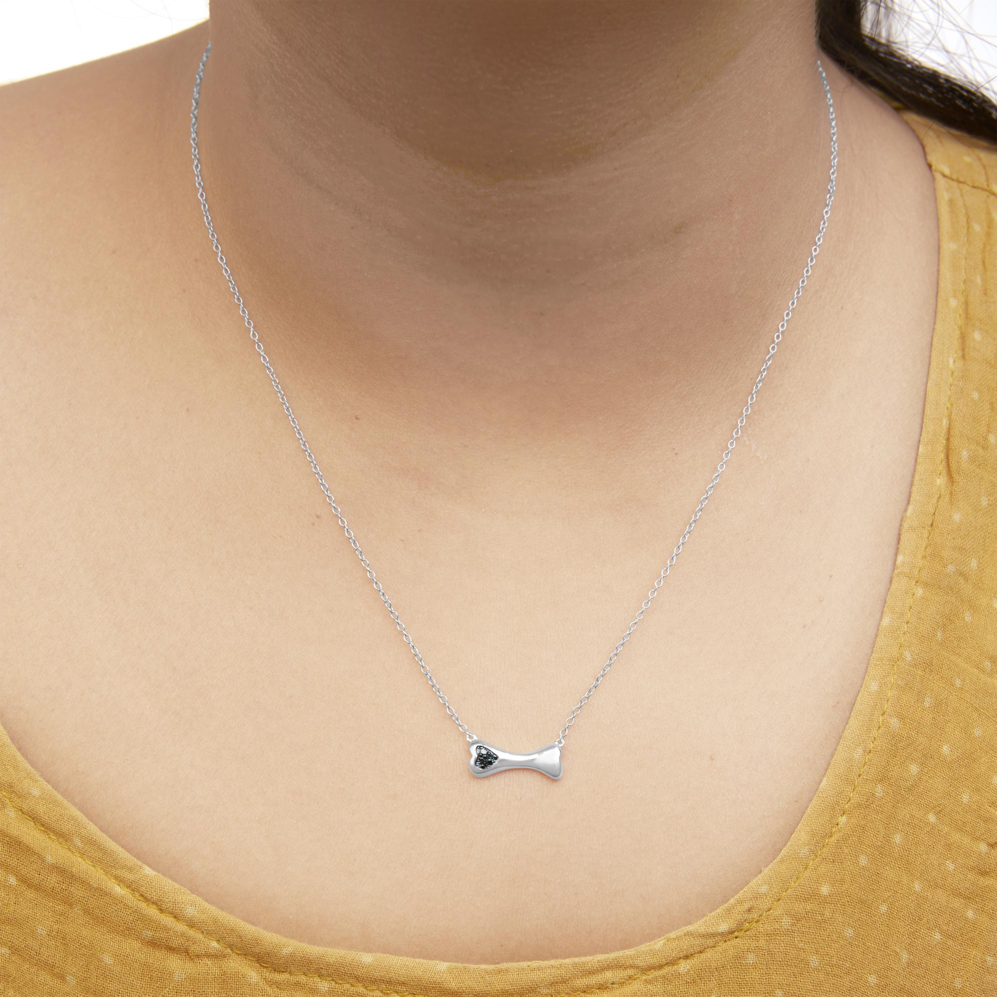 .925 Sterling Silver Treated Blue Diamond Accent Dog Bone Charm 18" Pendant Necklace (Blue Color, I2-I3 Clarity)