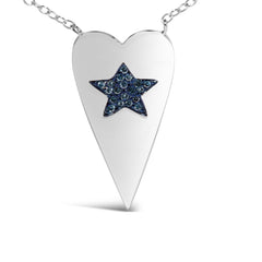 .925 Sterling Silver Blue Diamond Heart with Star Pendant Necklace