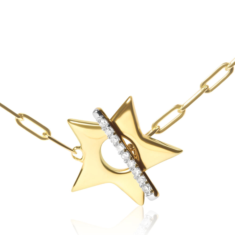 18K Yellow Gold Plated Sterling Silver Diamond Accent Star Pendant Necklace with Paperclip Chain