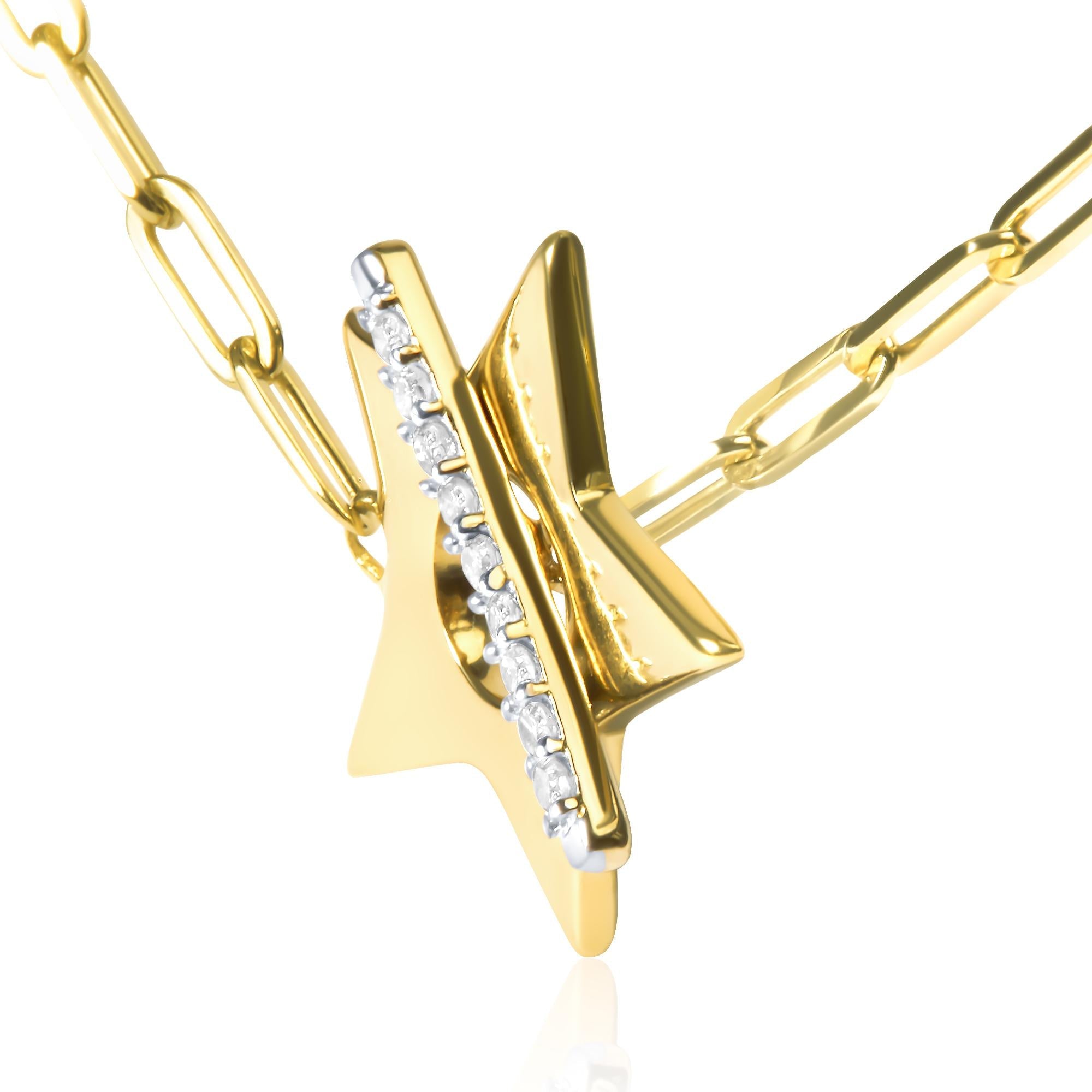 18K Yellow Gold Plated Sterling Silver Diamond Accent Star Pendant Necklace with Paperclip Chain