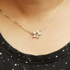 18K Yellow Gold Plated Sterling Silver Diamond Accent Star Pendant Necklace with Paperclip Chain