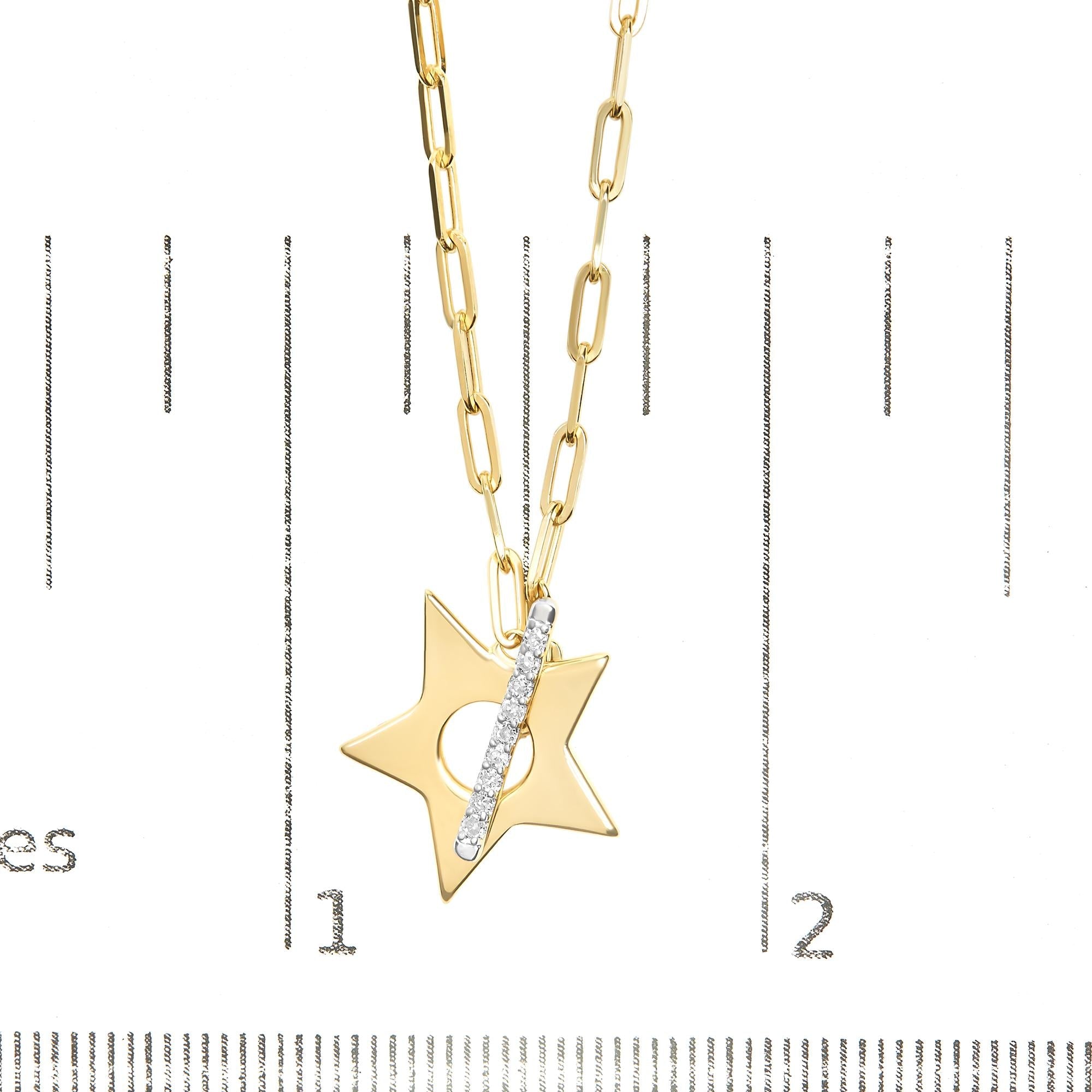 18K Yellow Gold Plated Sterling Silver Diamond Accent Star Pendant Necklace with Paperclip Chain
