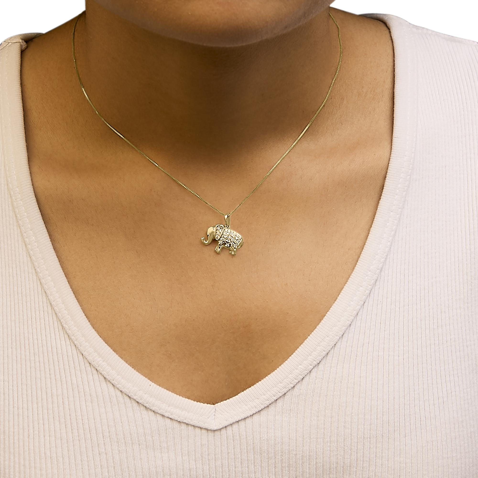 10K Yellow Gold 1/5 Cttw Diamond Elephant Pendant Necklace