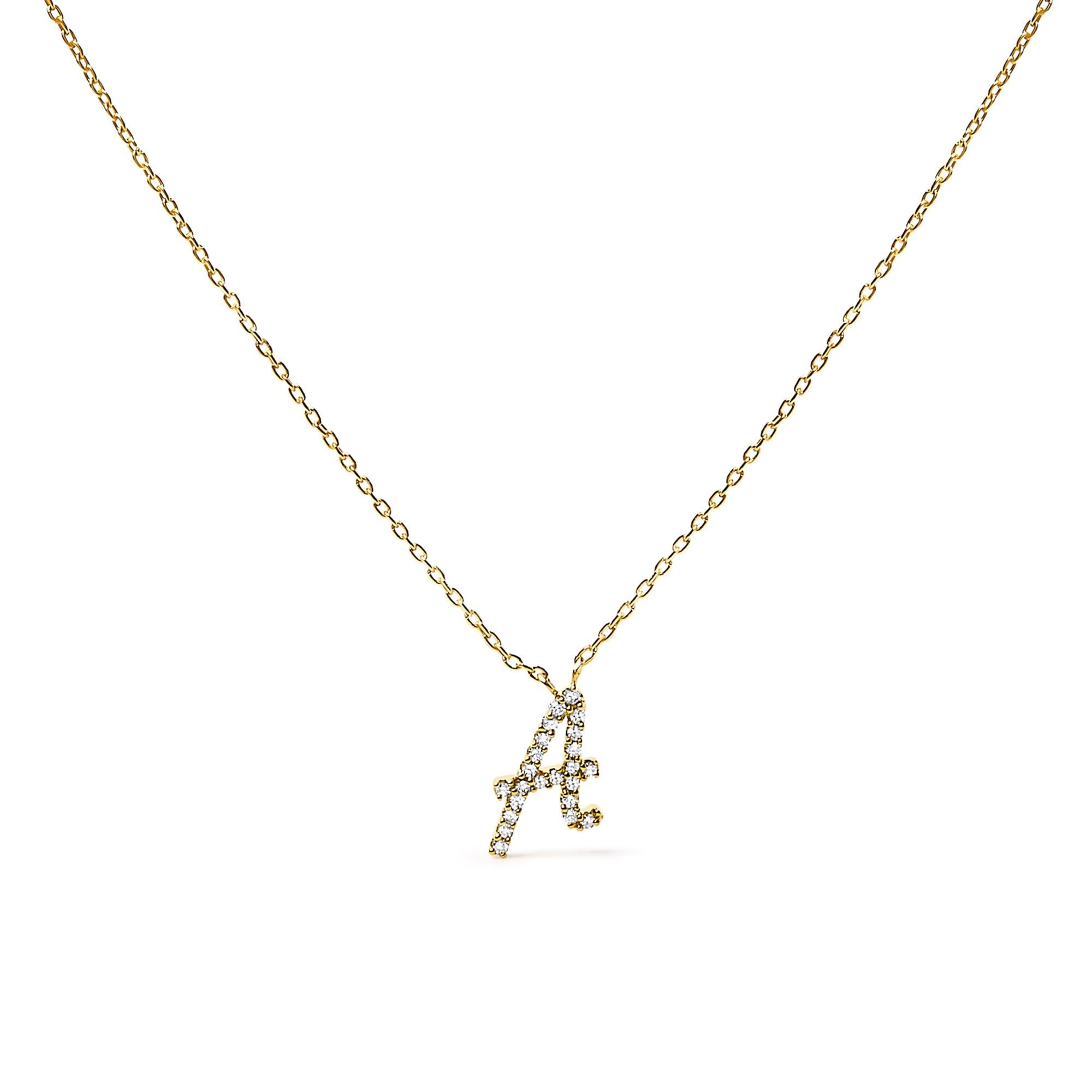 10K Yellow Gold Diamond Accent  A-Z Initial Script Style Pendant Necklace