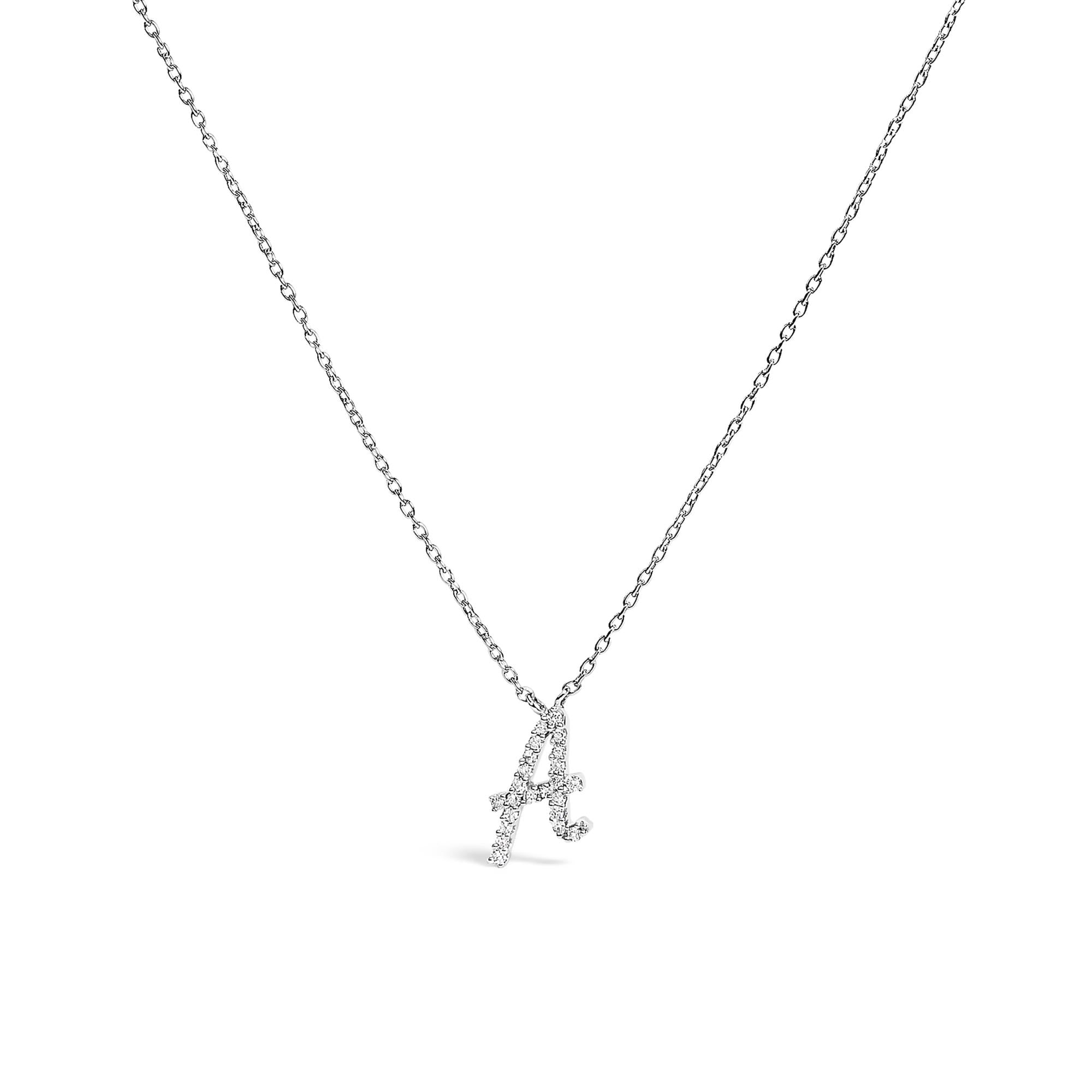 10K White Gold Diamond Accent  A-Z Initial Script Style Pendant Necklace