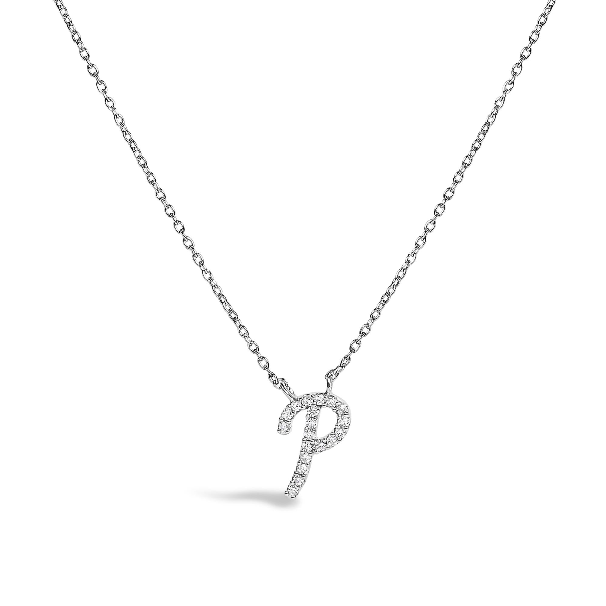 14K White Gold Diamond Accent "A-Z" Initial Script Style Pendant Necklace