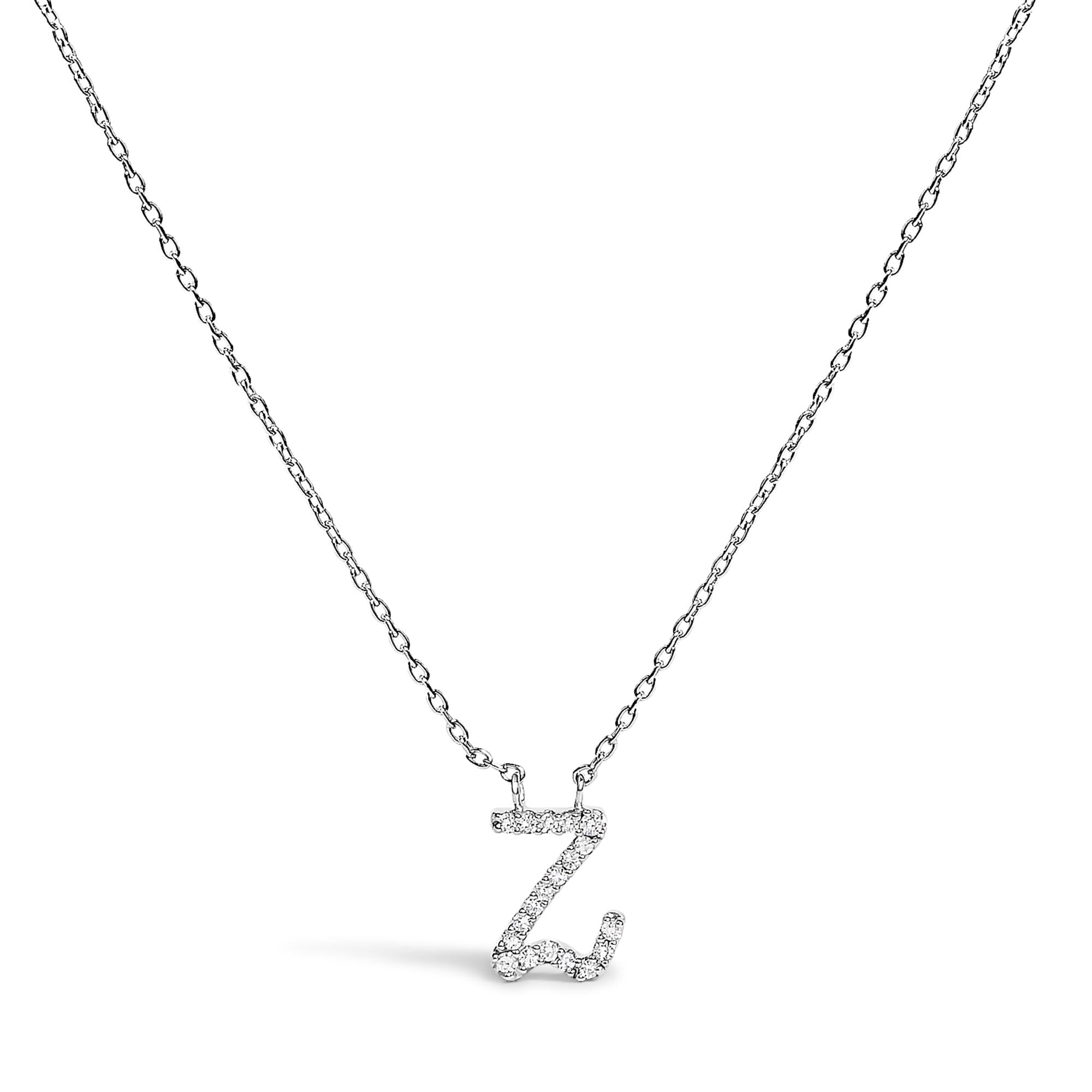 10K White Gold Diamond Accent  A-Z Initial Script Style Pendant Necklace