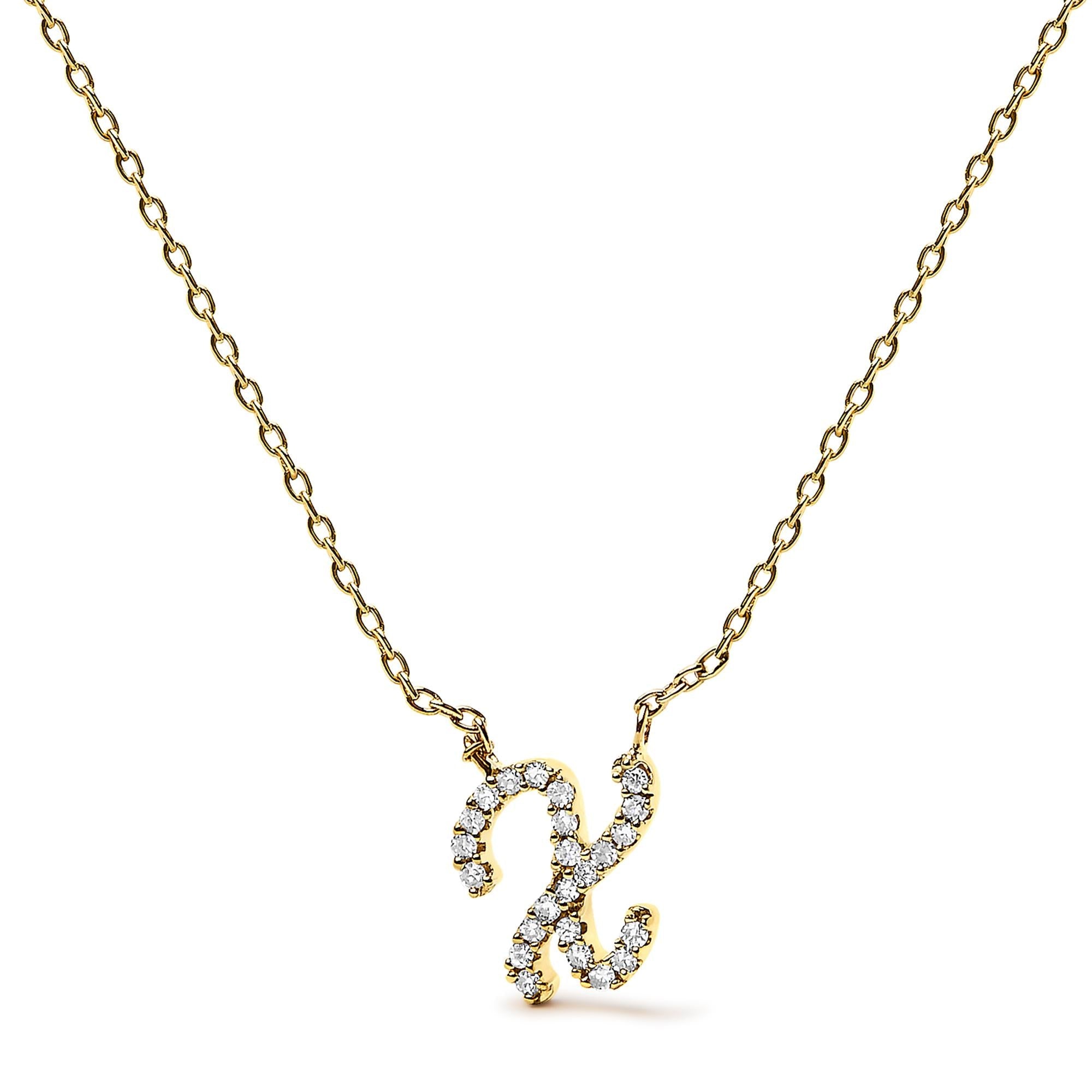 10K Yellow Gold Diamond Accent  A-Z Initial Script Style Pendant Necklace