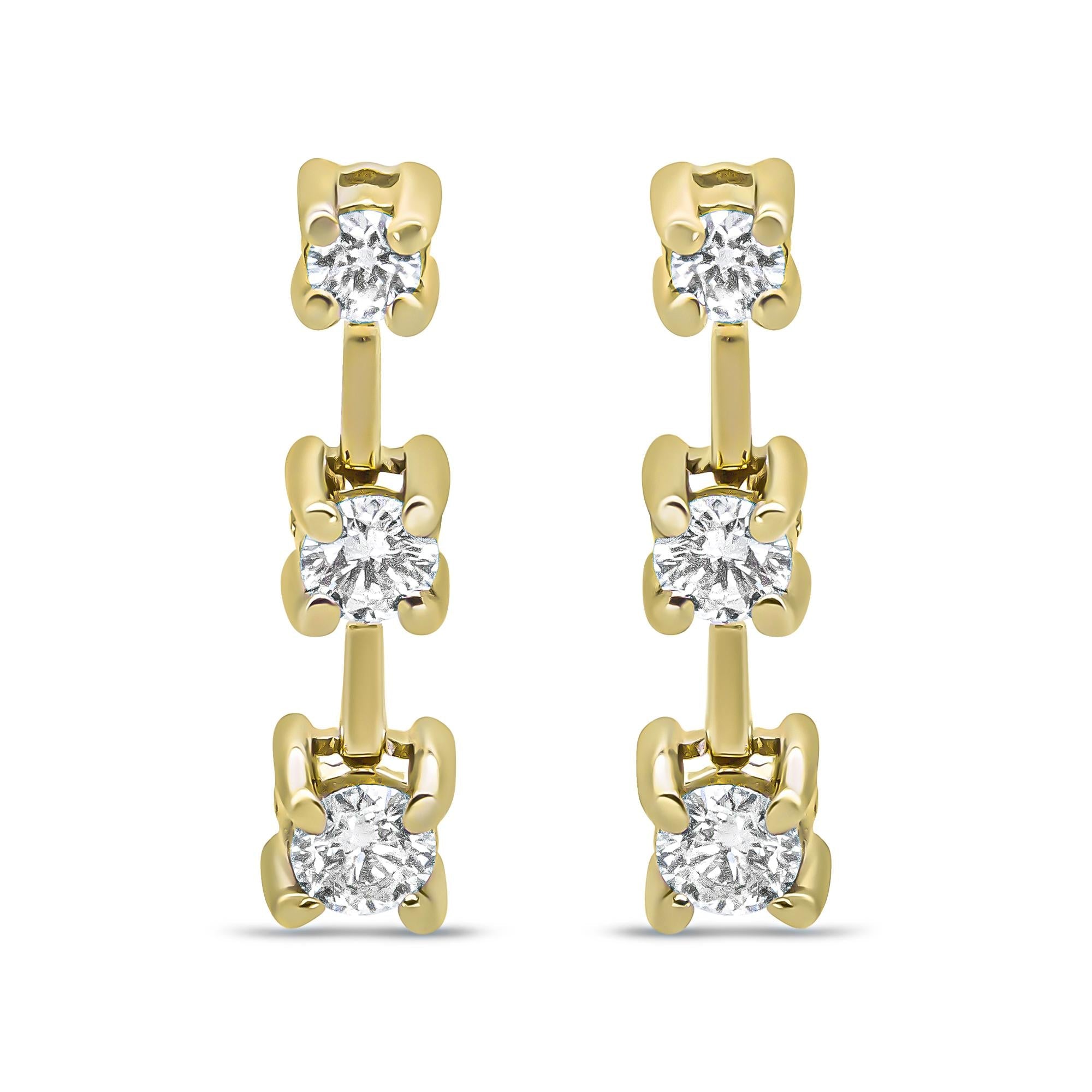 14K Gold Round Diamond 3 Stone Graduated Linear Drop Past, Present and Future Stud Earrings (H-I Color, SI1-SI2 Clarity)