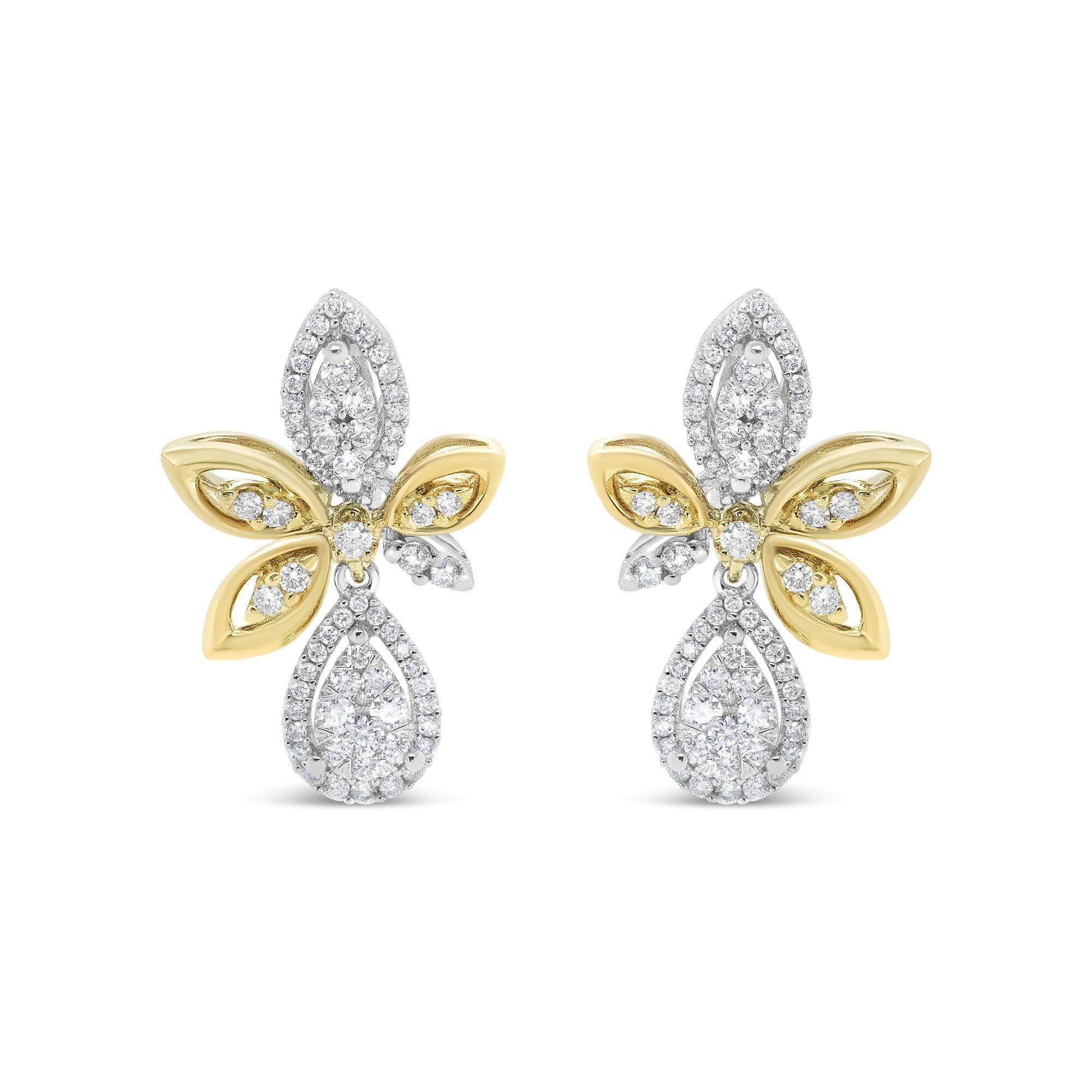 14K White and Yellow Gold 1.00 Cttw Round Pave-Set Diamond Teardrop and Marquise Shape Drop Dangle Earrings (H-I Color, SI1-SI2 Clarity)